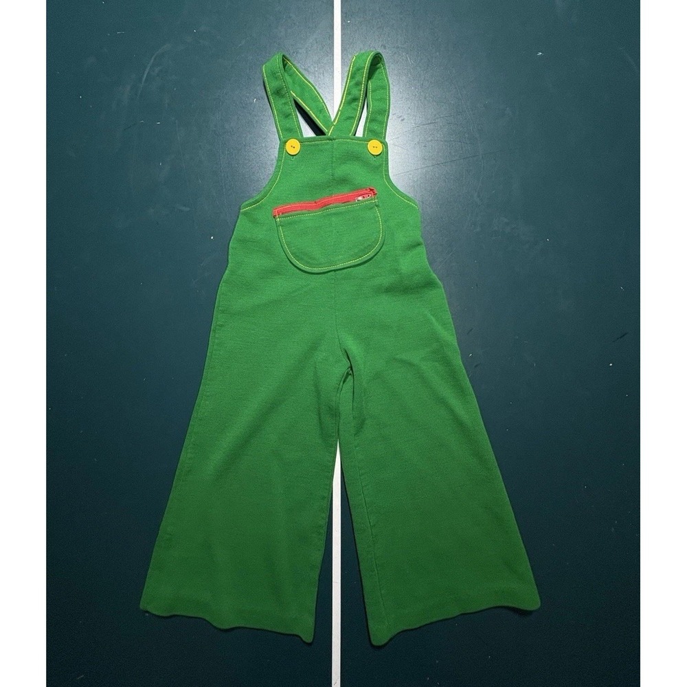 Vintage‎ 70s Bell Bottoms Jumper Overalls Toddler 3T Green Farmer Knit Talon Zip